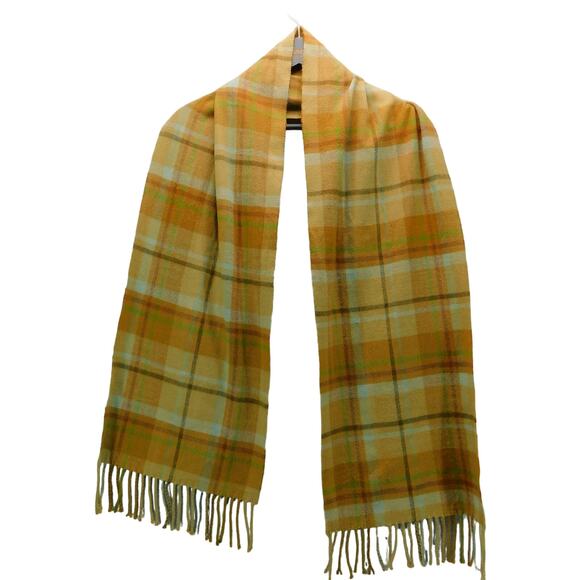 Cashmere 100%  Plaid Scarf Fringe with tones of Yellow, Brown, Cream and Green - Picture 8 of 11